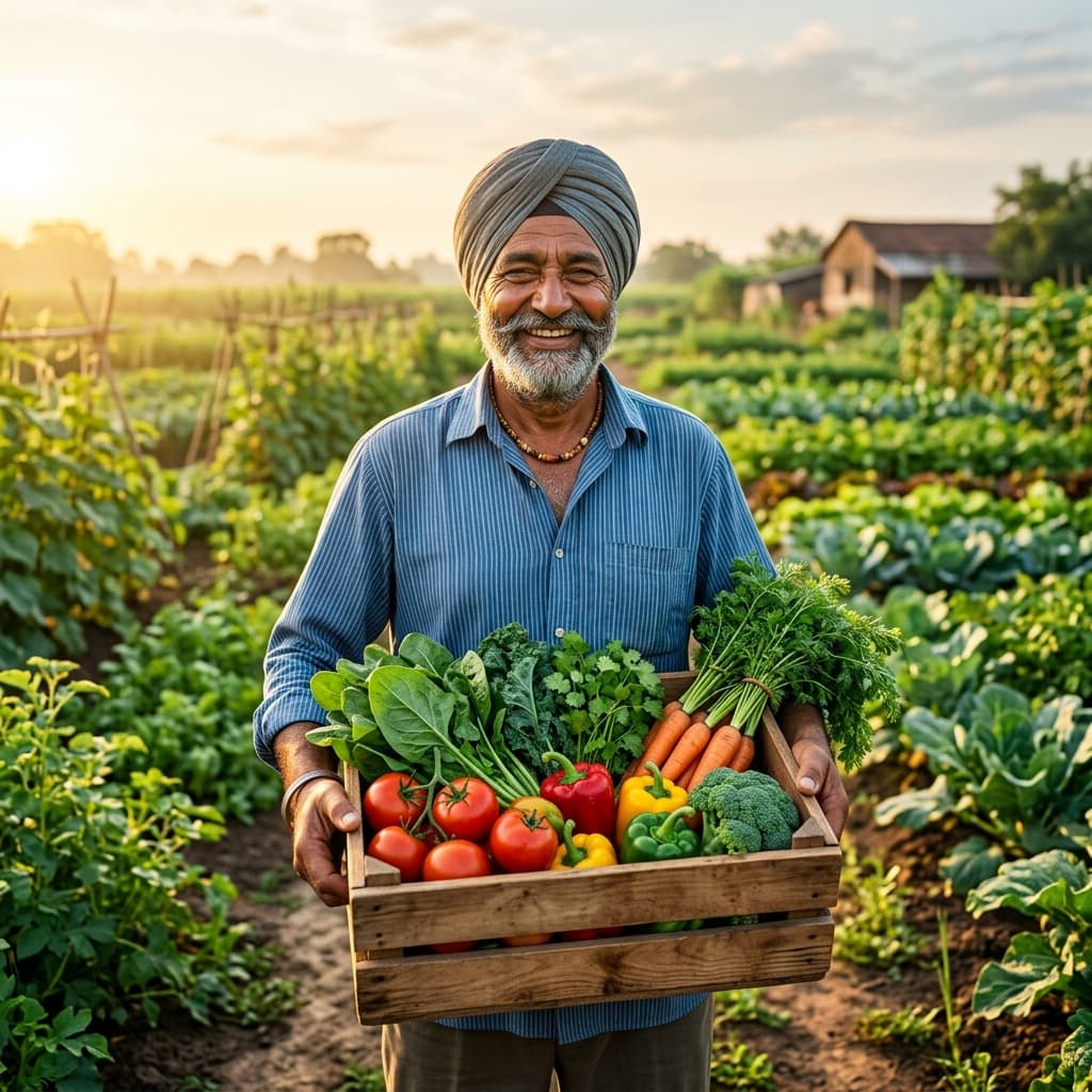 Organic farmer holding a crate of freshly harvested vegetables